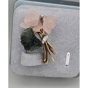 14k Carved Rose Quartz Brooch Nephrite Jade Leaf & Diamonds White Germany Vtg
